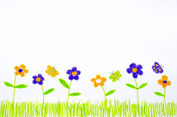 Beautiful flowers and butterflies. Children's drawing with felt-tip pens.