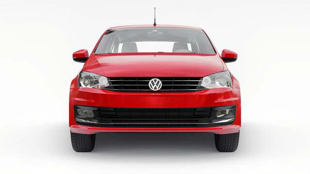 Paris, France. July 7, 2021: Volkswagen Polo sedan red compact city car isolated on white background. 3d rendering.