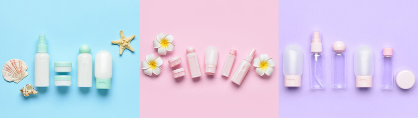 Set of different travel bottles and jars for cosmetic products on colorful background, top view