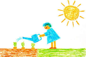 A girl from a watering can is watering a vegetable garden. Children's drawing with felt-tip pens. - obrazy, fototapety, plakaty