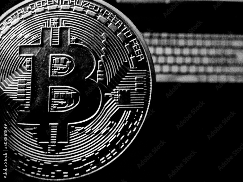 Aufkleber greyscale closeup shot of a bitcoin in front of a computer