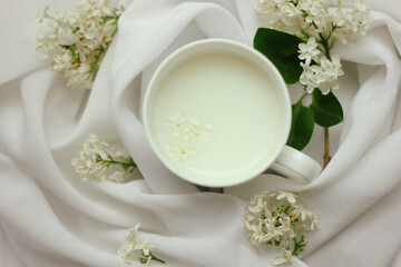 a white cup of fresh milk and small hight lilac flowers on a white background with sprigs of white flowers