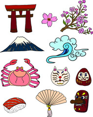 Set of decorative Japanese culture symbols of art, traditions, history, nature.
