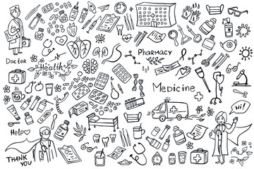 Medicine icons doodle set on white. Health care, pharmacy icons. Vector illustration.