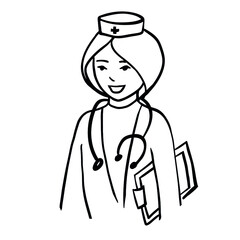 Doctor with stethoscope on white. Woman. Outline vector illustration.