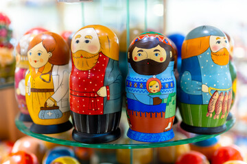 Russian folk souvenirs nesting dolls. Tourism in Russia.