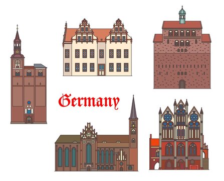 Germany, Tangermunde, Stendal and Havelberg buildings, vector architecture landmarks. Germany Saxony Anhalt architecture of St Nicolas Church or Sankt Nikolaus Dom, Saint Stephan kirche and Rathaus