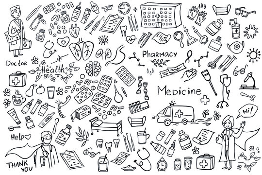Medicine icons doodle set on white. Health care, pharmacy icons. Vector illustration.
