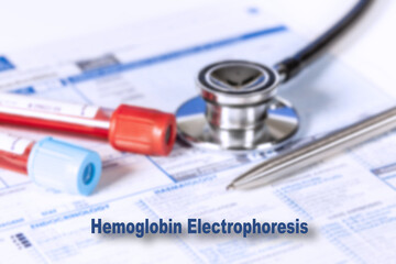 Hemoglobin Electrophoresis Testing Medical Concept. Checkup list medical tests with text and stethoscope