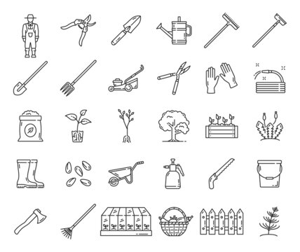 Agriculture farming and gardening, farmer tools icons, vector farm equipment. Line icons of garden rake and spade, seeds and shovel, watering can and farm wheelbarrow with mower and seedling pruner