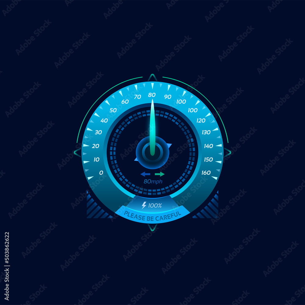 Fototapete car speedometer futuristic dial gauge. neon led futuristic speed meter. electric vehicle speedometer