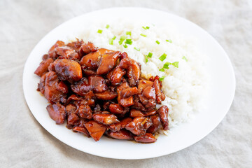 Homemade Teriyaki Chicken with White Rice on A Plate, side view.
