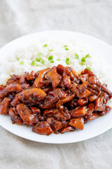 Homemade Teriyaki Chicken with White Rice on A Plate, side view.
