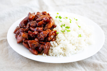 Homemade Teriyaki Chicken with White Rice on A Plate, low angle view. Close-up.
