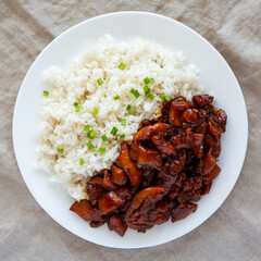 Homemade Teriyaki Chicken with White Rice on A Plate, top view. Flat lay, overhead, from above.