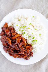 Homemade Teriyaki Chicken with White Rice on A Plate, top view. Flat lay, overhead, from above.