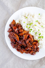Homemade Teriyaki Chicken with White Rice on A Plate, top view. Flat lay, overhead, from above.