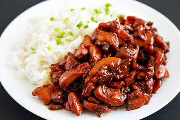 Homemade Teriyaki Chicken with White Rice on a Plate on a black background, side view.