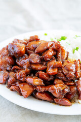 Homemade Teriyaki Chicken with White Rice on A Plate, side view. Close-up.