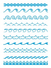 Wave patterns, frame borders and wavy line separators, vector set. Water wave blue ripples, zigzag curves, tide curls of sea or ocean waves for frame border
