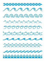 Wave patterns, frame borders and wavy line separators, vector set. Water wave blue ripples, zigzag curves, tide curls of sea or ocean waves for frame border