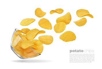 Flying ripple potato chips. Glass bowl and falling chips 3d vector crispy vegetable snacks or junk food. Isolated crunchy slices of salty chips, realistic wavy crisps in transparent plate - obrazy, fototapety, plakaty