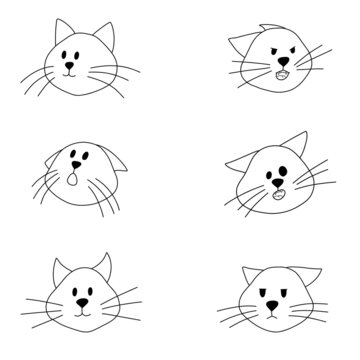 Set of doodle cat portrait. Different mood, expression of kitten, line animal fictional character isolated on white. Hand drawn vector illustration