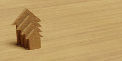 3D render illustration. Four wooden houses one by one on a wooden background. Banner size.
