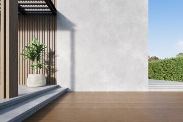 3d render of exterior wooden balcony with large empty concrete wall. - 503864232