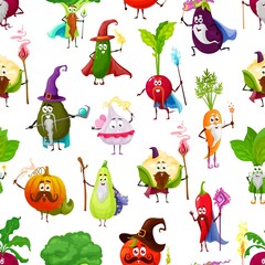 Obraz premium Cartoon vegetables, fairy wizards, warlock mages and magician characters, vector seamless pattern background. Vegetables wizards magicians with magic wands, pumpkin and cucumber with pepper and carrot