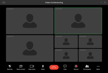 Videocall interface. Vector online conference screen template, video call with user avatars and management buttons. UI for business webinar chat, computer communication application display mockup - obrazy, fototapety, plakaty