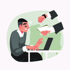 Overwhelmed man concept. Burnout. Stress, overload, fatigue. Heavy office work. Busy workerperson, deadline. Mental problem. Time pressure. Anxiety, depression. Tired workaholic. Vector illustration.