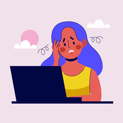 Overwhelmed man concept. Burnout. Stress, overload, fatigue. Heavy office work. Busy workerperson, deadline. Mental problem. Time pressure. Anxiety, depression. Tired workaholic. Vector illustration.