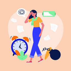 Overwhelmed man concept. Burnout. Stress, overload, fatigue. Heavy office work. Busy workerperson, deadline. Mental problem. Time pressure. Anxiety, depression. Tired workaholic. Vector illustration.