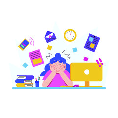 Overwhelmed man concept. Burnout. Stress, overload, fatigue. Heavy office work. Busy workerperson, deadline. Mental problem. Time pressure. Anxiety, depression. Tired workaholic. Vector illustration.