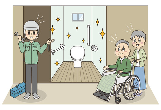 車椅子対応のトイレに改修して喜ぶシニア夫婦と業者