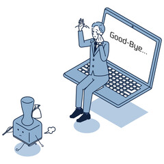 電子化により去るハンコを見送るビジネスマン