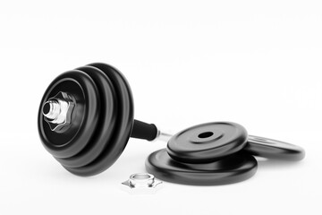 Obraz na płótnie Canvas Black iron dumbbells with disassembled plates on white isolated background. 3D rendering