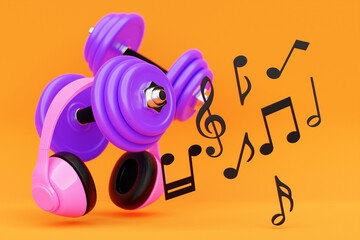 3d illustration of  pink   headphones  and dumbells on   yellow  isolated background. sports equipment for fitness. Music for training