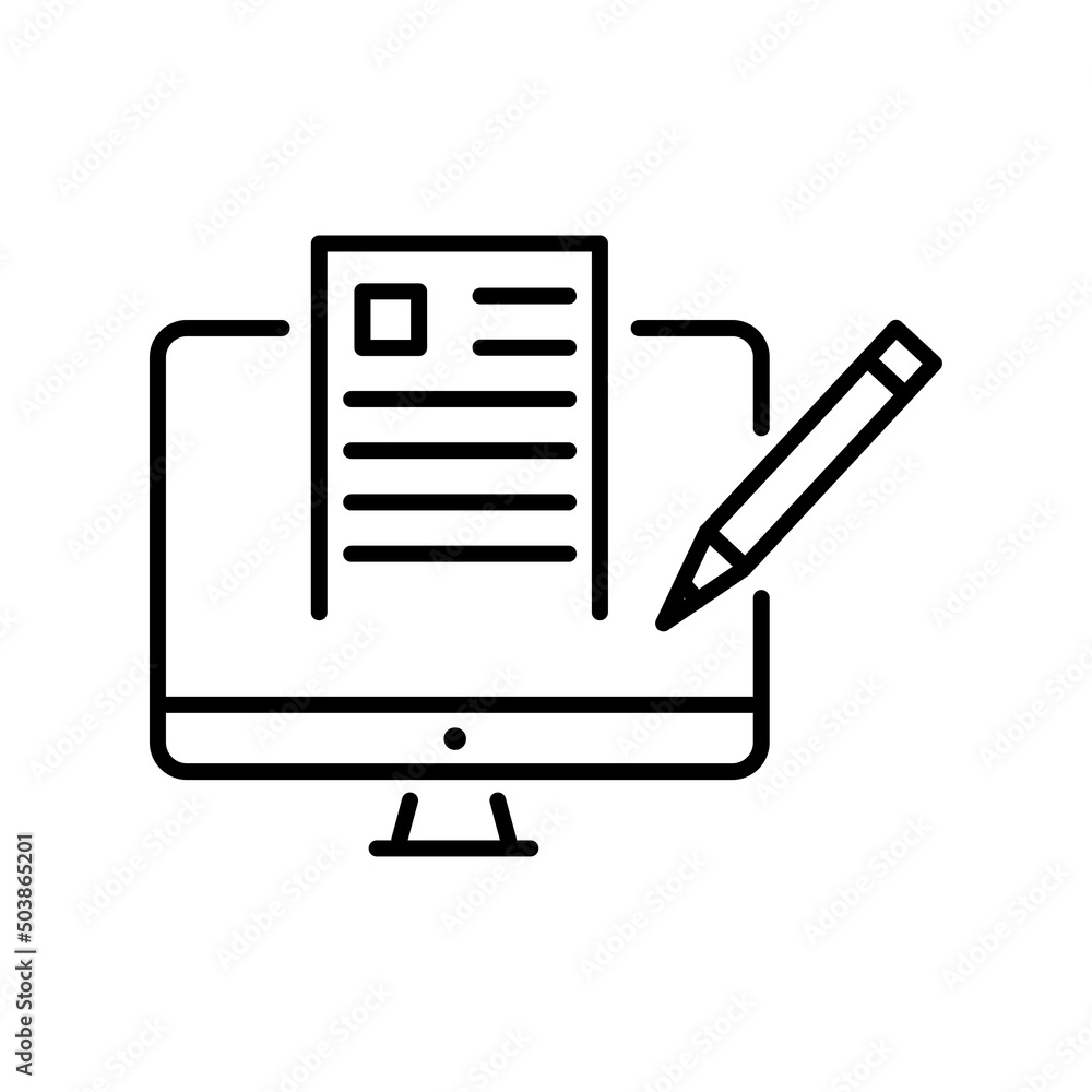 Poster online document and blog writing line icon. laptop with documentation and pencil vector outline sign