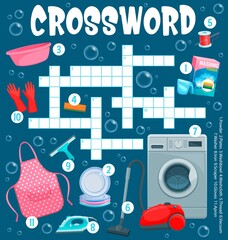 Obraz premium Cleaning and washing appliance and items vector crossword worksheet. Find a word quiz game, household chores grid puzzle with washing machine, vacuum, iron, apron and gloves, sponge and plates
