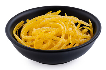 Peeled lemon zest in a black bowl .