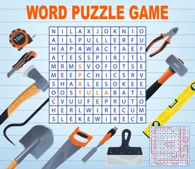 DIY and repair tools word search puzzle quiz game worksheet. Vector cartoon hammer, pliers, spatula and tape measure, shovel, saw, axe and knife, wrecking bar, word maze of building or carpentry tools
