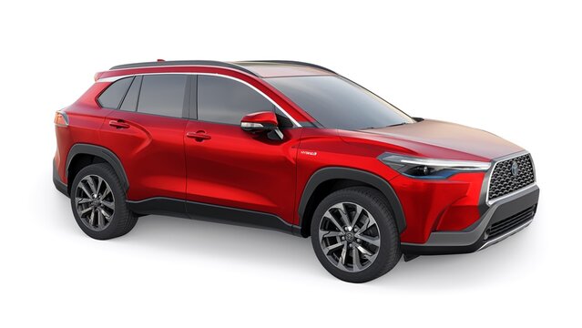 Tokyo, Japan. April 19, 2022: Toyota Corolla Cross 2020. Compact red SUV with a hybrid engine and four-wheel drive for the city and suburban areas on a white isolated background. 3d illustration