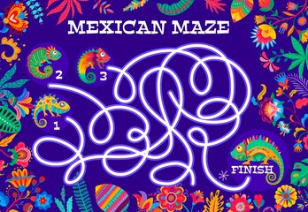 Naklejka premium Labyrinth maze worksheet with cartoon Mexican chameleons and flowers, vector kids riddle game. Find couple of reptiles, find way or escape track puzzle with chameleons and Mexican flowers