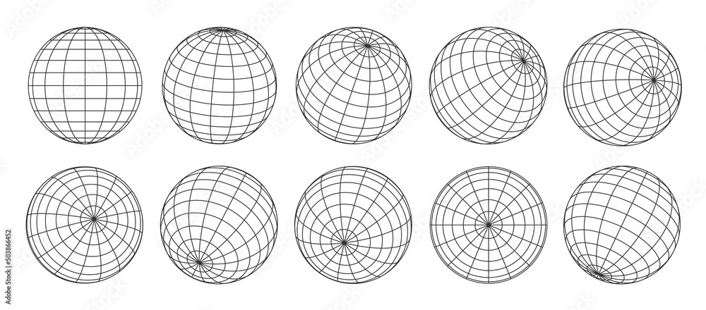 Aufkleber 3d globe grid, planet sphere and ball wireframe. Vector Earth globe surface with discrete global grid or mosaic of longitude and latitude meridians and parallels, isolated world map wire frame net