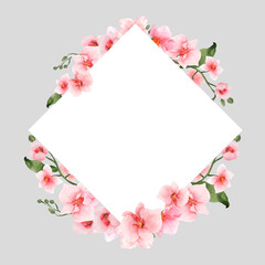 Pink Orchid Flowers watercolor border for wedding, greeting or invitation card isolated. Vintage flowers frame for summer or spring template. Vector illustration