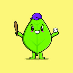 Cute cartoon green leaf character playing baseball in modern style design