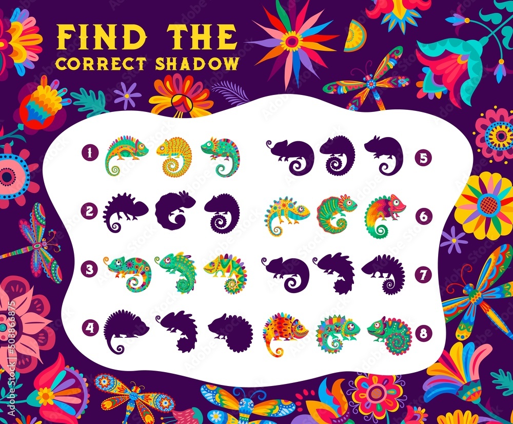 Poster find the correct shadow of mexican chameleons kids riddle game worksheet. kids puzzle, logical exerc