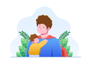 Fototapeta na wymiar Vector illustration Son Loving Father with Hugging His Father and Greeting Happy Father's Day. Can be used for greeting card, postcard, print, web, landing page, social media, etc